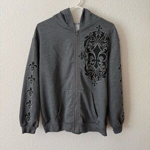 Romwe Gray Fleur de Lis Rhinestone Embellished Full Zip Up Hoodie  Size S